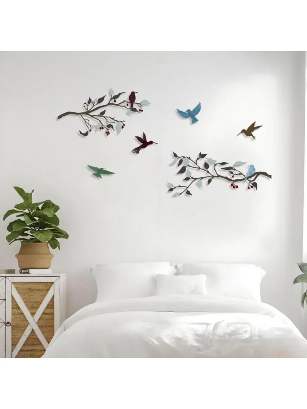 Colorful Metal Birds Wall Decor - Hummingbirds & Leaves Sculpture for Home